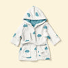 Plush cloth robe with blue rain clouds pattern on white on the outside, and all blue inside.