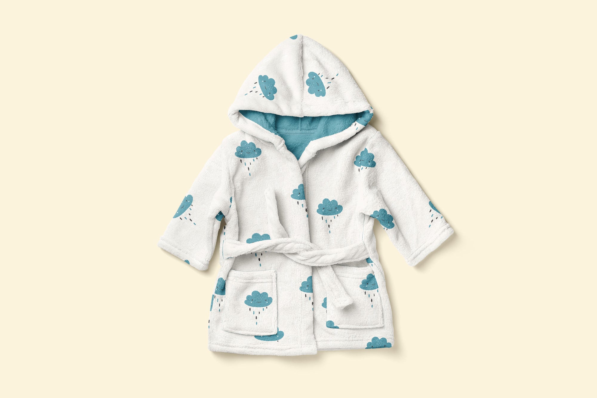 Plush cloth robe with blue rain clouds pattern on white on the outside, and all blue inside.