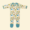 Baby rompersuit with bee pattern and blue accents 