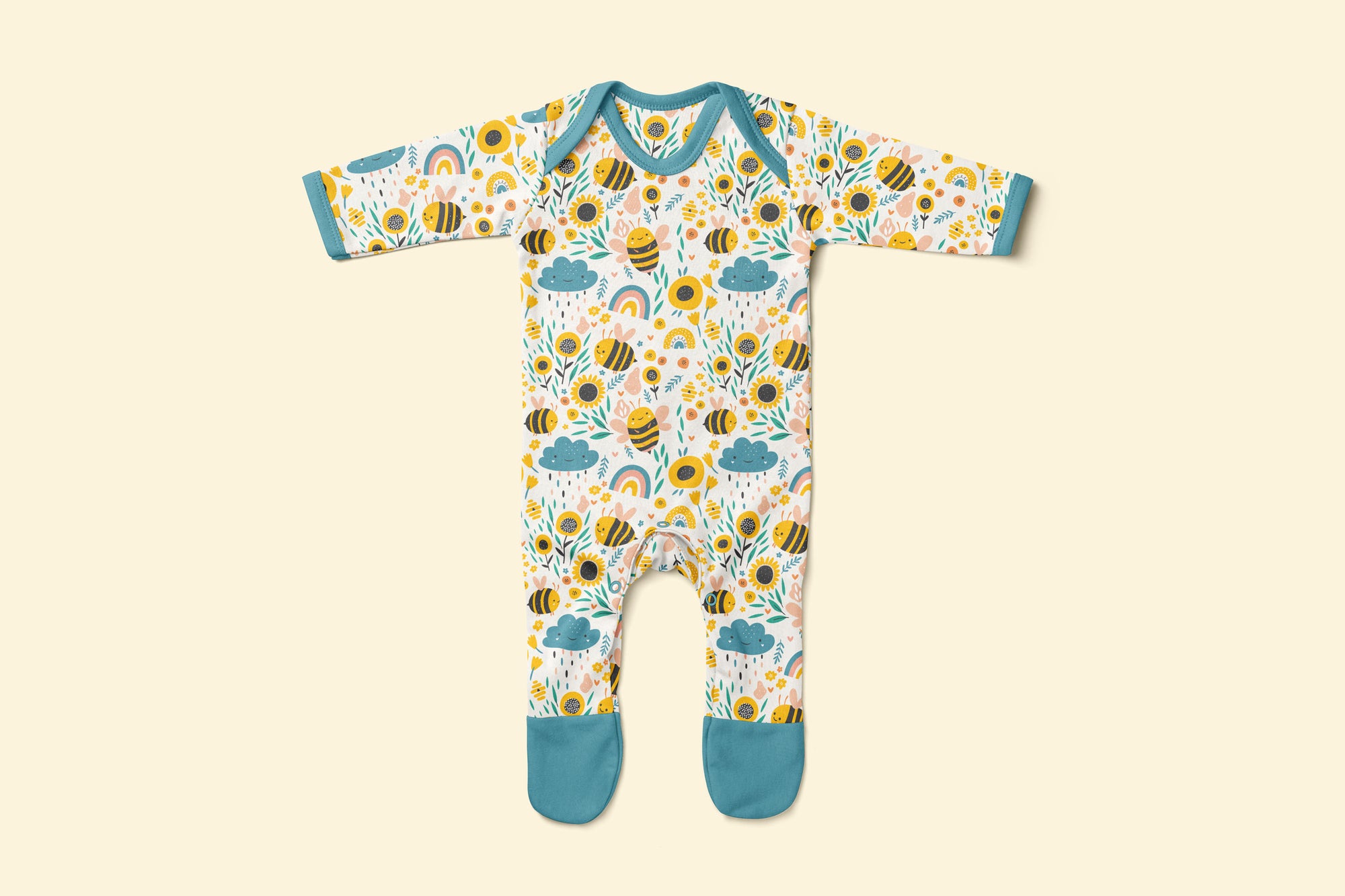 Baby rompersuit with bee pattern and blue accents 